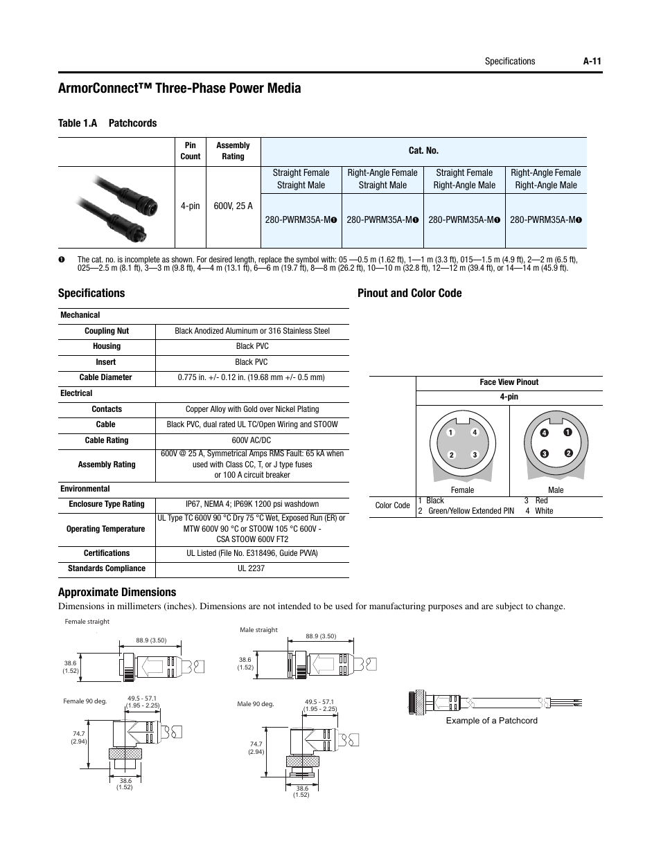Armorconnect™ three-phase power media, Specifications pinout and color code, Approximate dimensions | Rockwell Automation 284G ArmorStart - User Manual User Manual | Page 221 / 324