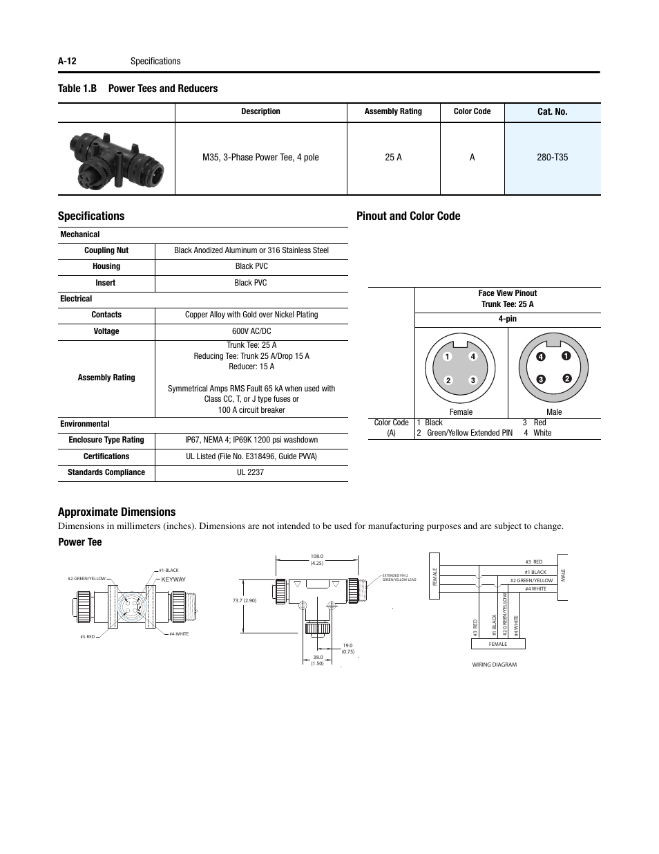 Table 1.b power tees and reducers, Power tee, A-12 specifications | Cat. no | Rockwell Automation 284G ArmorStart - User Manual User Manual | Page 222 / 324