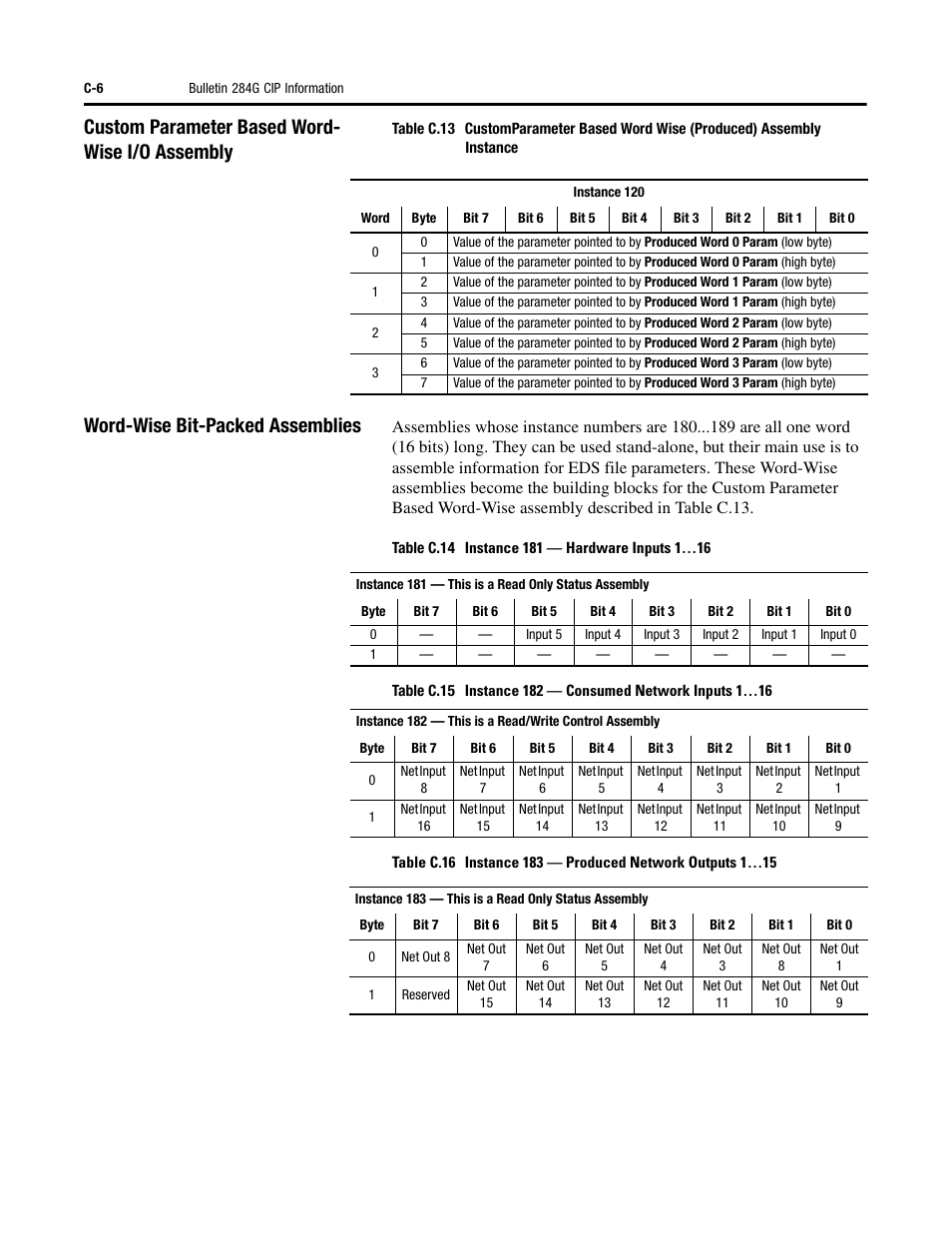 Custom parameter based word- wise i/o assembly, Word-wise bit-packed assemblies | Rockwell Automation 284G ArmorStart - User Manual User Manual | Page 256 / 324