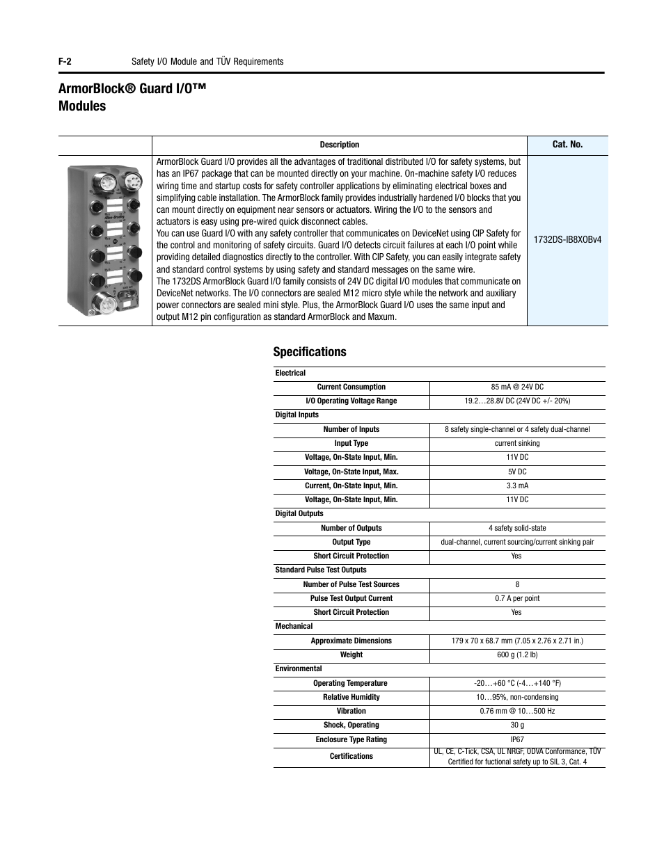 Armorblock® guard i/o™ modules, Specifications | Rockwell Automation 284G ArmorStart - User Manual User Manual | Page 294 / 324