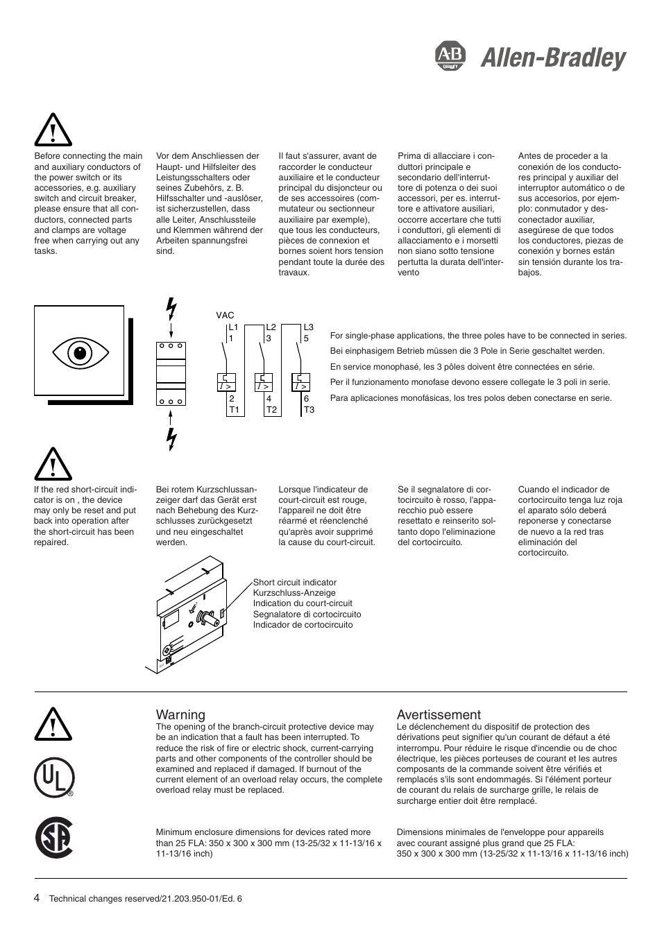 Warning, Avertissement | Rockwell Automation 140 Manual Motor Starter / Circuit Breaker User Manual | Page 4 / 7