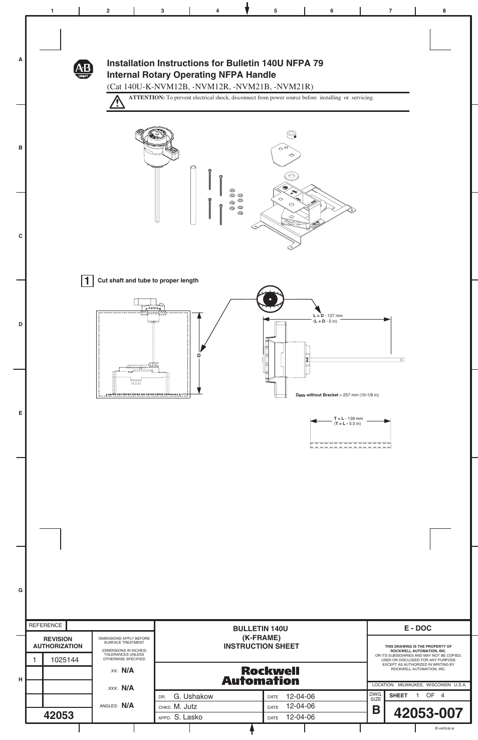 Rockwell Automation 140U-K-NVMxxx NFPA 79 Internal Rotary Operating NFPA Handle for K-Frame User Manual | 4 pages
