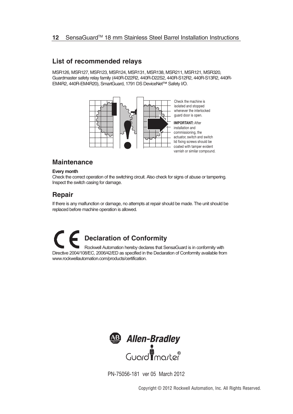 List of recommended relays, Maintenance, Repair | Declaration of conformity | Rockwell Automation 440N SensaGuard 18 mm Stainless Steel Barrel Installation Instructions User Manual | Page 12 / 12