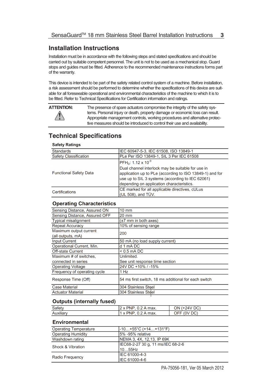 Installation instructions, Technical specifications | Rockwell Automation 440N SensaGuard 18 mm Stainless Steel Barrel Installation Instructions User Manual | Page 3 / 12