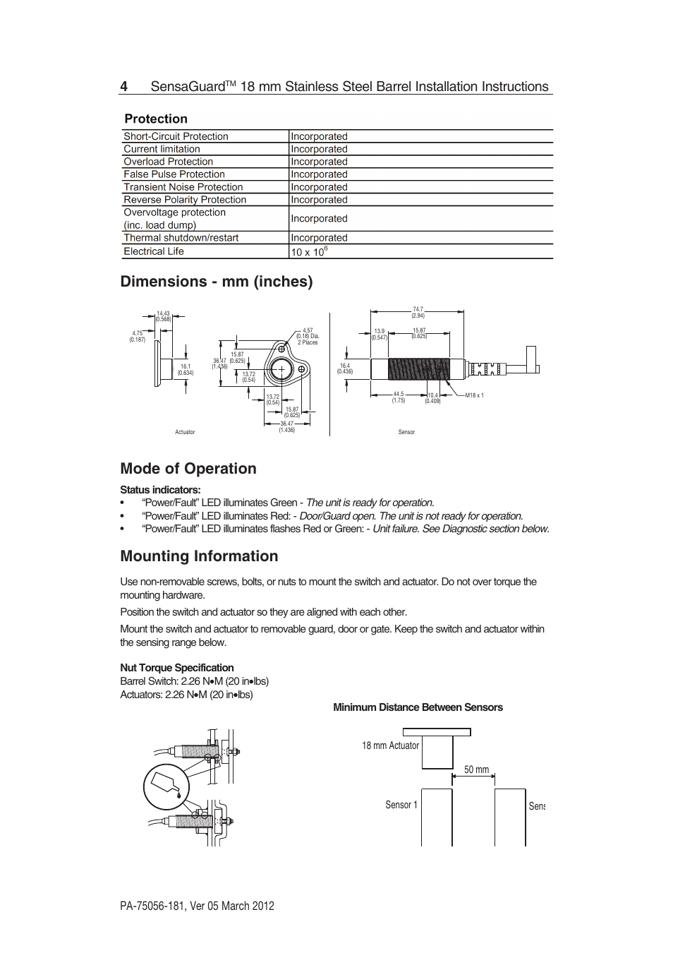 Dimensions - mm (inches) mode of operation, Mounting information, 4sensaguard | Rockwell Automation 440N SensaGuard 18 mm Stainless Steel Barrel Installation Instructions User Manual | Page 4 / 12