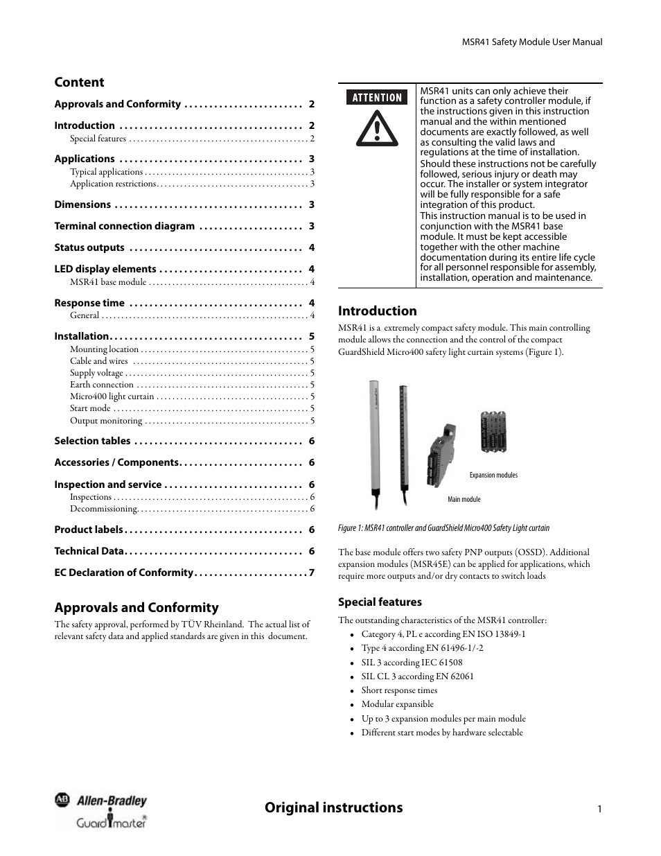 Content, Approvals and conformity, Introduction | Special features, Original instructions | Rockwell Automation 440R MSR41 Safety Module User Manual User Manual | Page 3 / 12