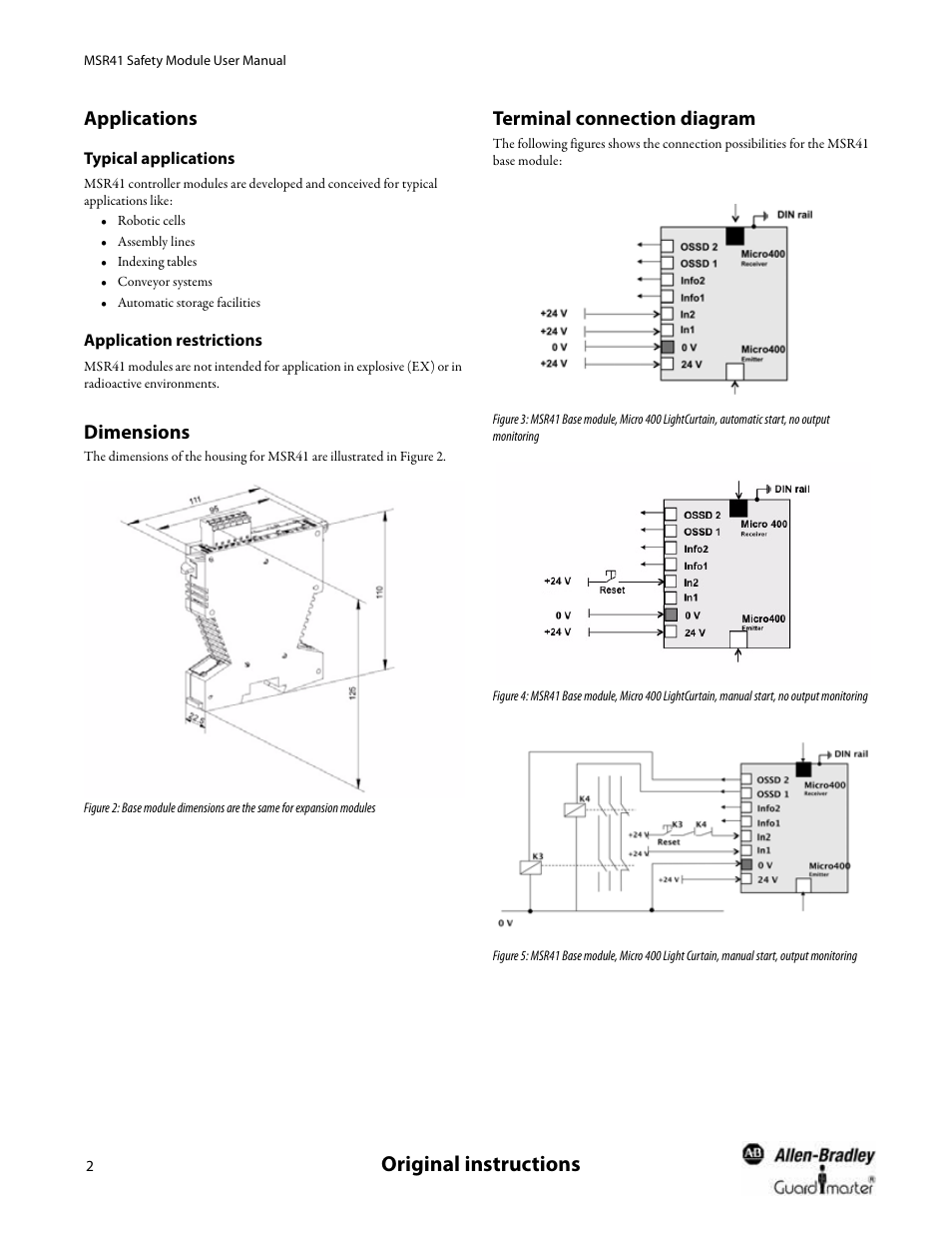 Applications, Typical applications, Application restrictions | Dimensions, Terminal connection diagram, Original instructions | Rockwell Automation 440R MSR41 Safety Module User Manual User Manual | Page 4 / 12