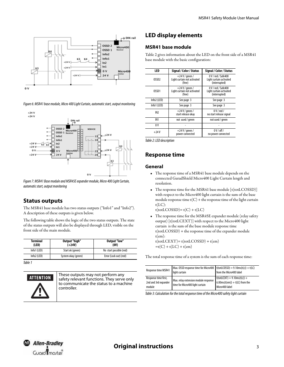 Status outputs, Led display elements, Msr41 base module | Response time, General, Original instructions | Rockwell Automation 440R MSR41 Safety Module User Manual User Manual | Page 5 / 12