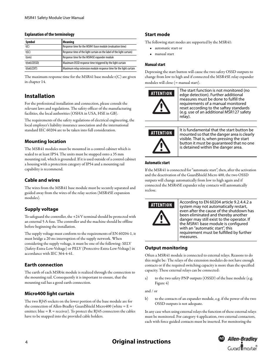 Explanation of the terminology, Installation, Mounting location | Cable and wires, Supply voltage, Earth connection, Micro400 light curtain, Start mode, Manual start, Automatic start | Rockwell Automation 440R MSR41 Safety Module User Manual User Manual | Page 6 / 12
