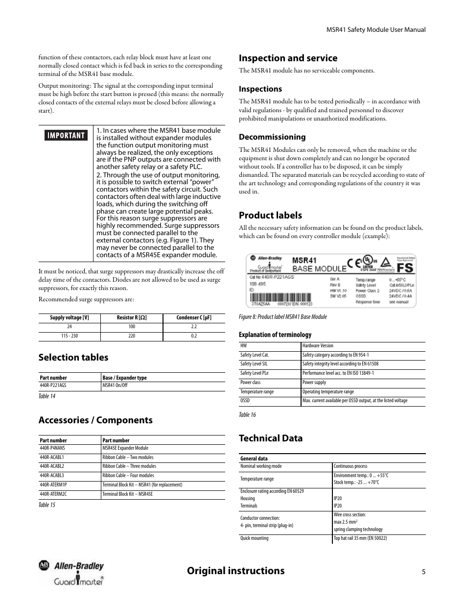 Selection tables, Accessories / components, Inspection and service | Inspections, Decommissioning, Product labels, Explanation of terminology, Technical data, Original instructions | Rockwell Automation 440R MSR41 Safety Module User Manual User Manual | Page 7 / 12