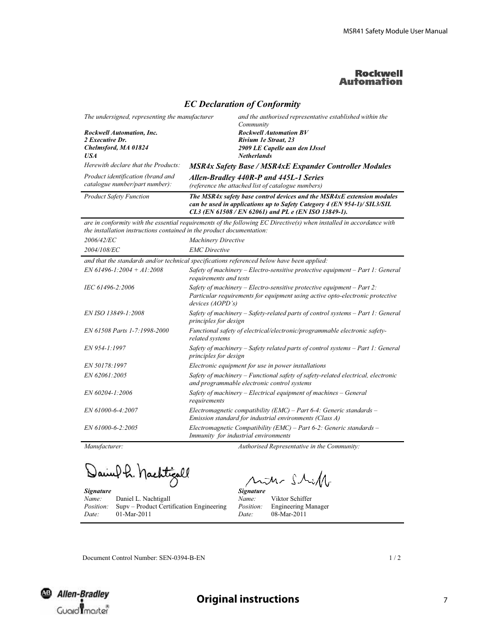 Original instructions, Ec declaration of conformity | Rockwell Automation 440R MSR41 Safety Module User Manual User Manual | Page 9 / 12