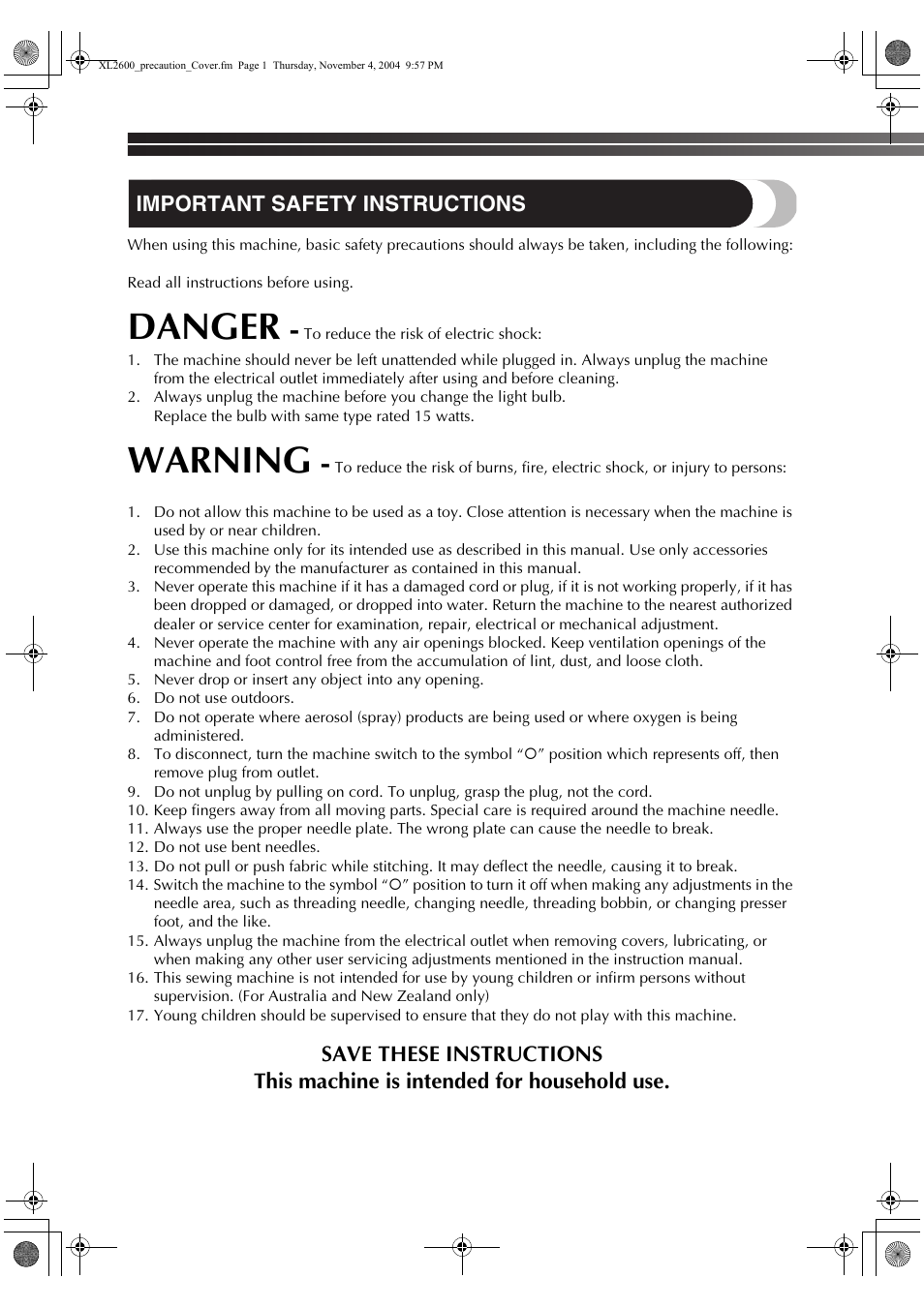 Danger, Warning, Important safety instructions | Brother 885-S25/S27 User Manual | Page 2 / 52