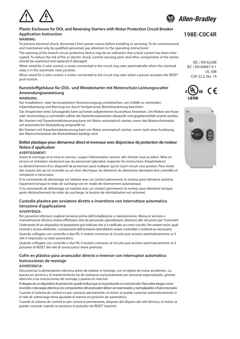 Rockwell Automation 198E-C0C4R Plastic Encl. for DOL and Rev. Starters with Motor Protection C.B. User Manual | 4 pages