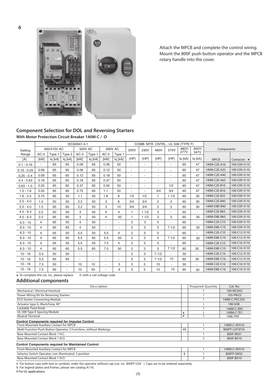 Component selection for dol and reversing starters, Additional components | Rockwell Automation 198E-C0C4R Plastic Encl. for DOL and Rev. Starters with Motor Protection C.B. User Manual | Page 3 / 4