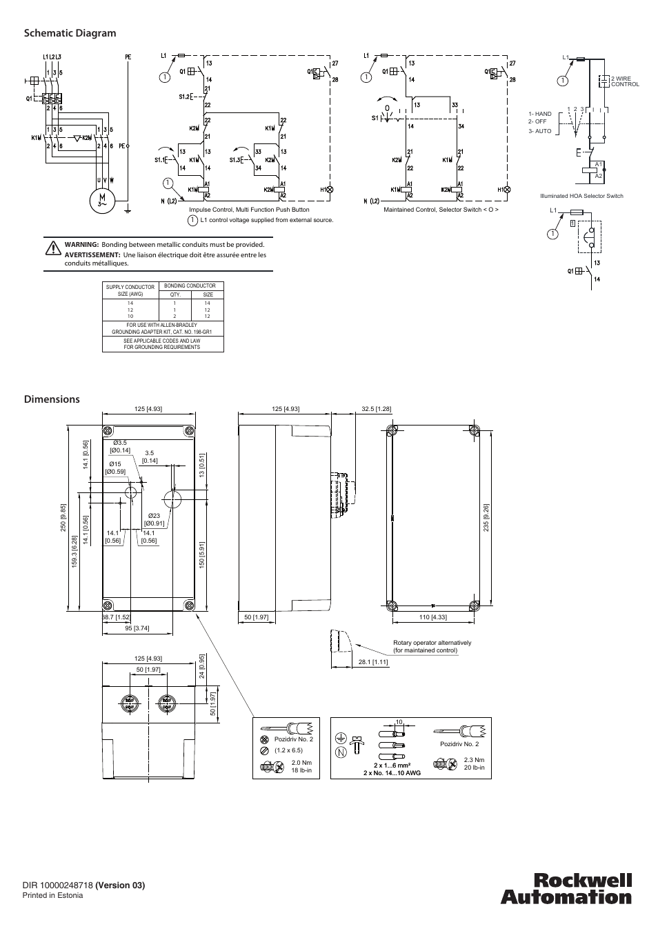Schematic diagram dimensions | Rockwell Automation 198E-C0C4R Plastic Encl. for DOL and Rev. Starters with Motor Protection C.B. User Manual | Page 4 / 4