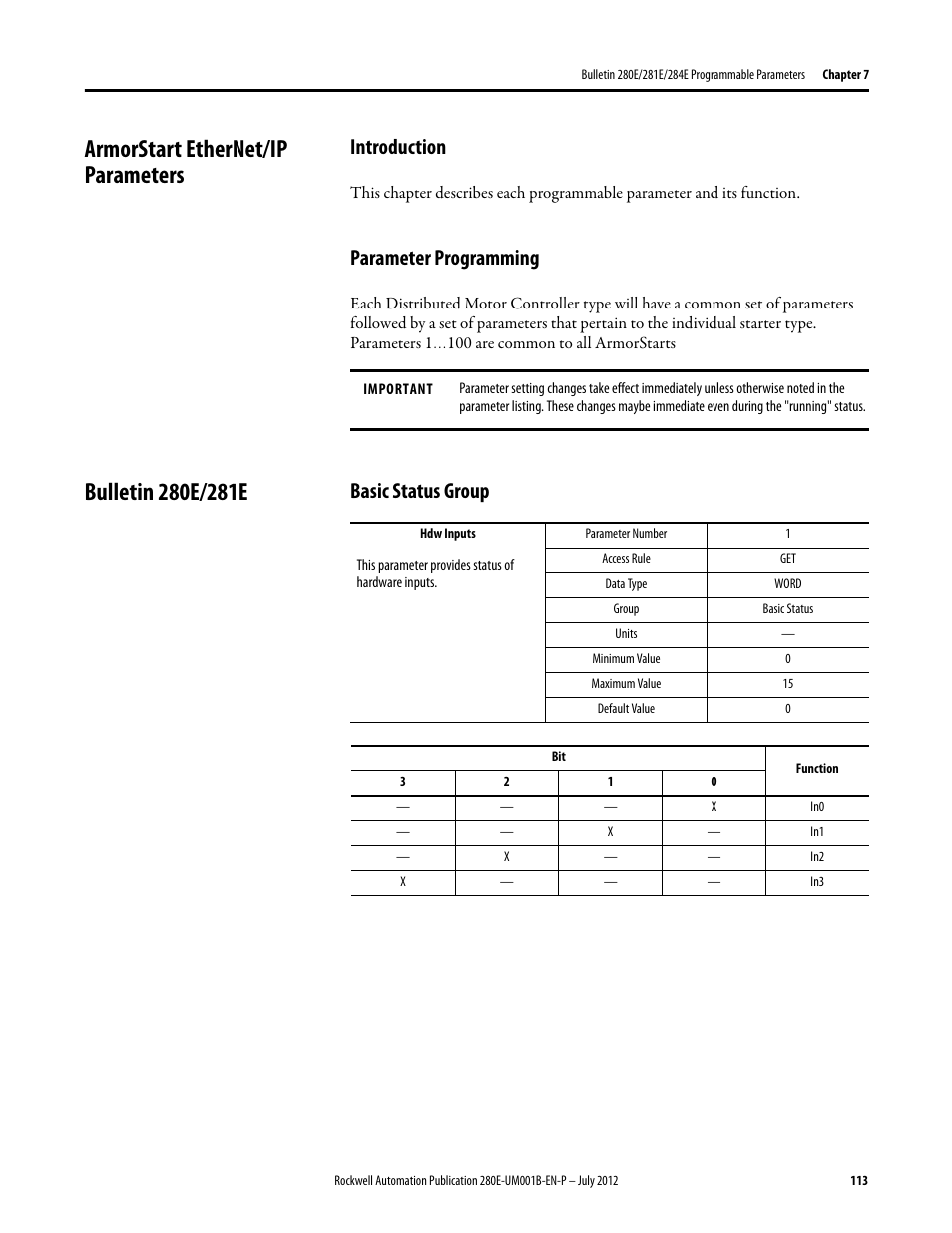 Armorstart ethernet/ip parameters, Introduction, Parameter programming | Bulletin 280e/281e, Basic status group, Introduction parameter programming | Rockwell Automation 284E ArmorStart with EtherNet/IP - User Manual User Manual | Page 113 / 348