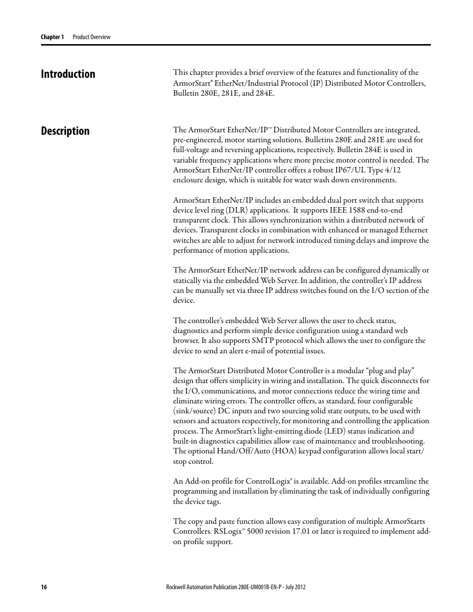 Introduction, Description, Introduction description | Rockwell Automation 284E ArmorStart with EtherNet/IP - User Manual User Manual | Page 16 / 348