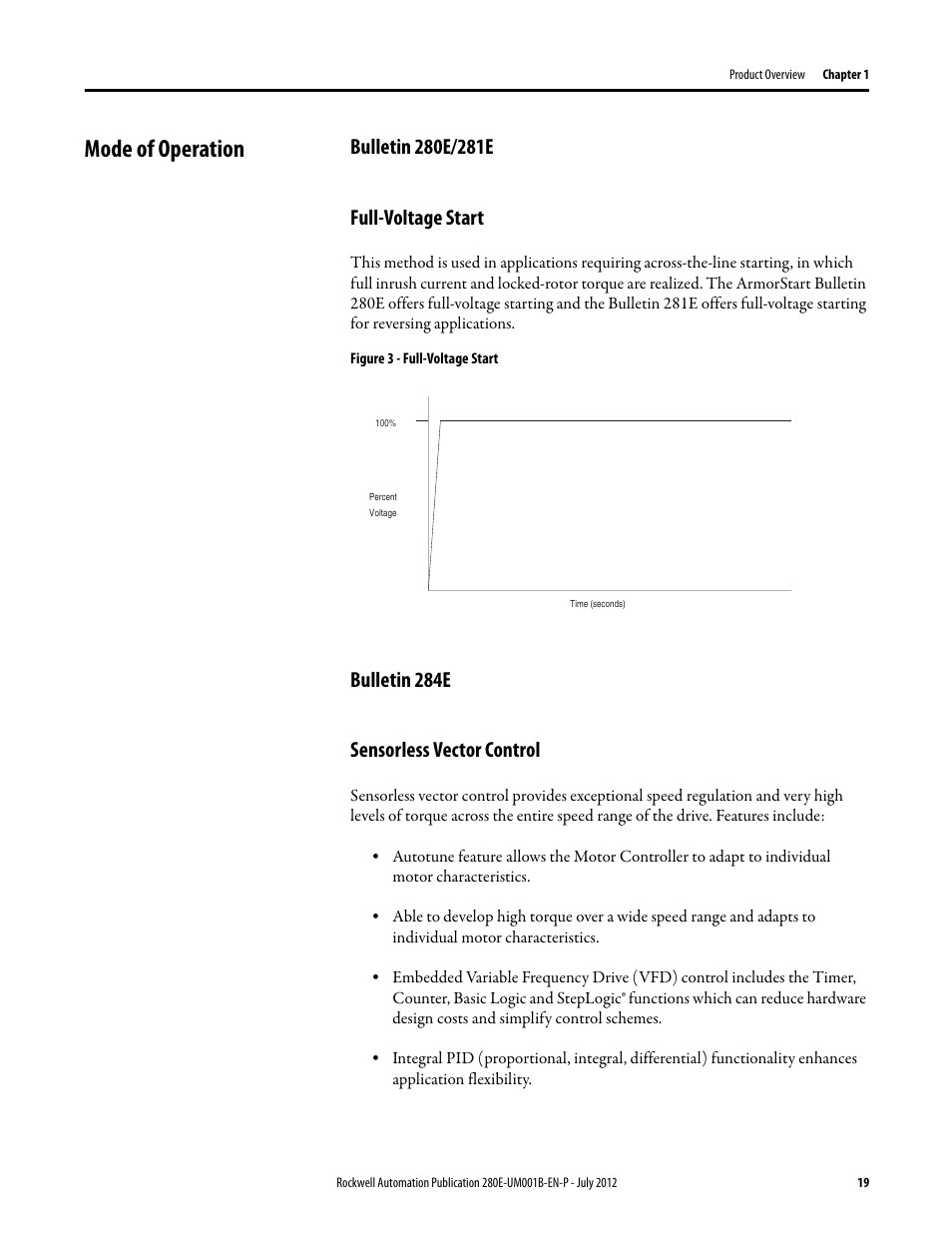 Mode of operation, Bulletin 280e/281e, Full-voltage start | Bulletin 284e, Sensorless vector control, Bulletin 284e sensorless vector control | Rockwell Automation 284E ArmorStart with EtherNet/IP - User Manual User Manual | Page 19 / 348