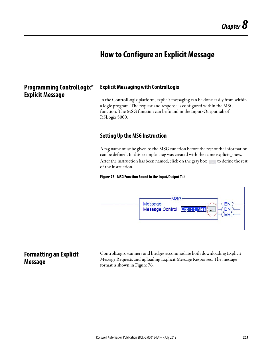 Chapter 8, How to configure an explicit message, Programming controllogix® explicit message | Explicit messaging with controllogix, Setting up the msg instruction, Formatting an explicit message | Rockwell Automation 284E ArmorStart with EtherNet/IP - User Manual User Manual | Page 203 / 348