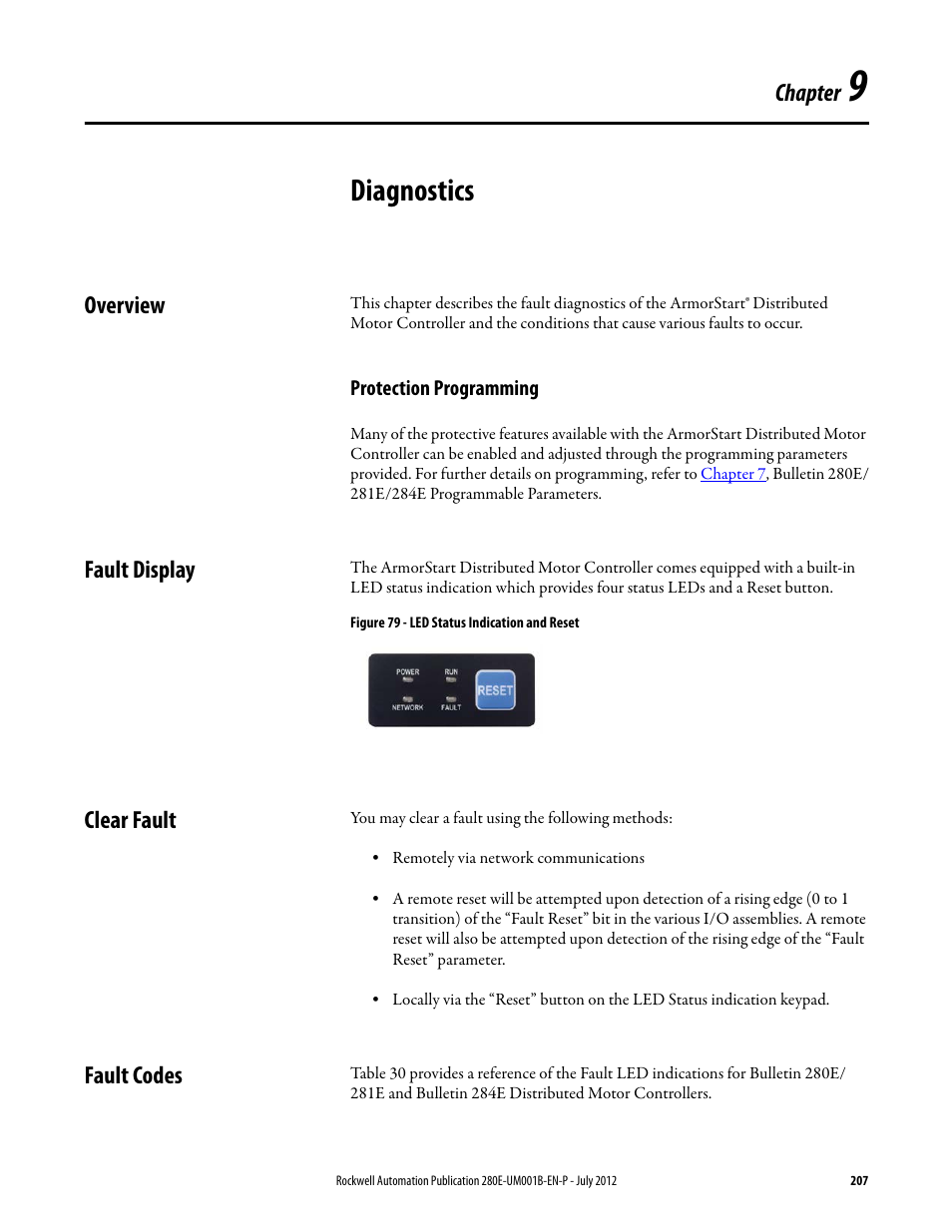 Chapter 9, Diagnostics, Overview | Protection programming, Fault display, Clear fault, Fault codes, Fault display clear fault fault codes, Chapter | Rockwell Automation 284E ArmorStart with EtherNet/IP - User Manual User Manual | Page 207 / 348