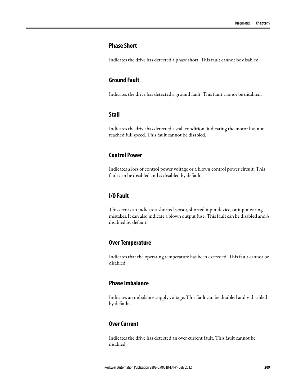 Phase short, Ground fault, Stall | Control power, I/o fault, Over temperature, Phase imbalance, Over current | Rockwell Automation 284E ArmorStart with EtherNet/IP - User Manual User Manual | Page 209 / 348