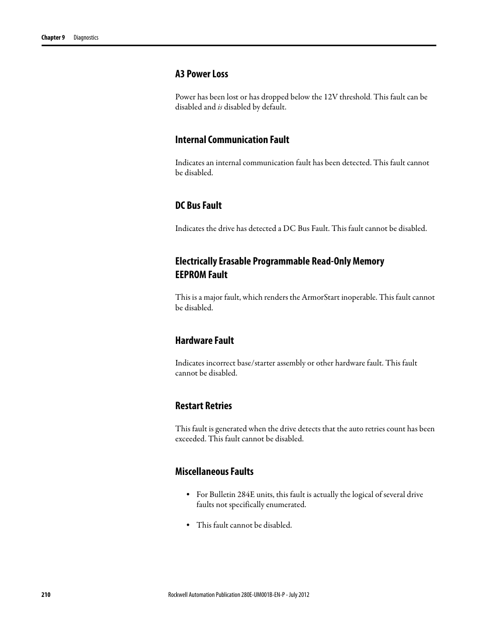 A3 power loss, Internal communication fault, Dc bus fault | Hardware fault, Restart retries, Miscellaneous faults, Restart retries miscellaneous faults | Rockwell Automation 284E ArmorStart with EtherNet/IP - User Manual User Manual | Page 210 / 348