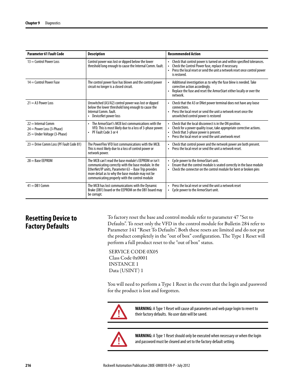 Resetting device to factory defaults | Rockwell Automation 284E ArmorStart with EtherNet/IP - User Manual User Manual | Page 216 / 348