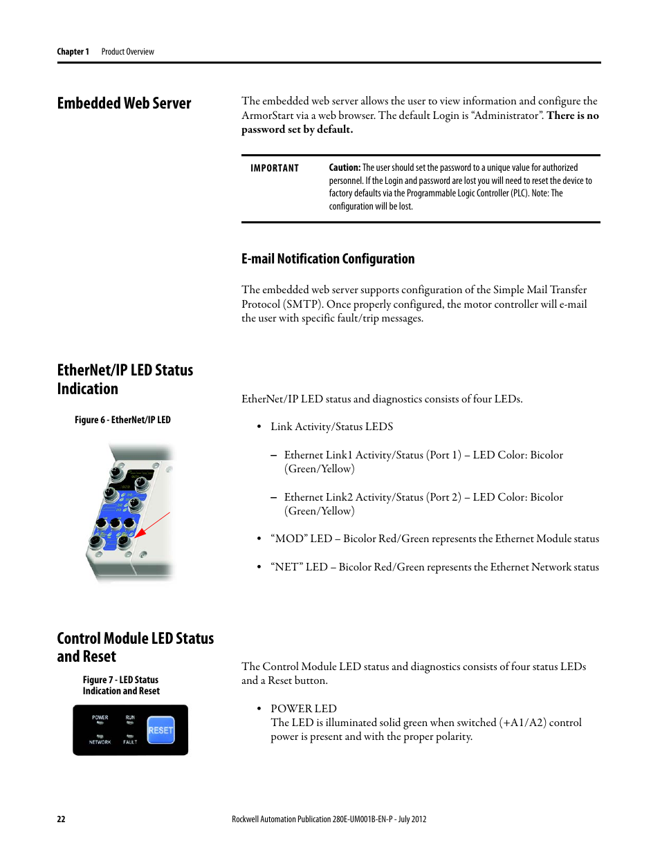 Embedded web server, E-mail notification configuration, Ethernet/ip led status indication | Control module led status and reset | Rockwell Automation 284E ArmorStart with EtherNet/IP - User Manual User Manual | Page 22 / 348