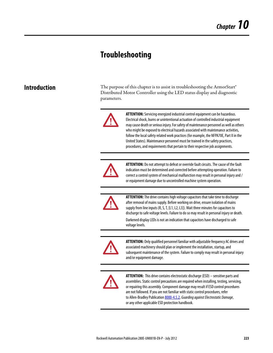 Chapter 10, Troubleshooting, Introduction | Chapter | Rockwell Automation 284E ArmorStart with EtherNet/IP - User Manual User Manual | Page 223 / 348