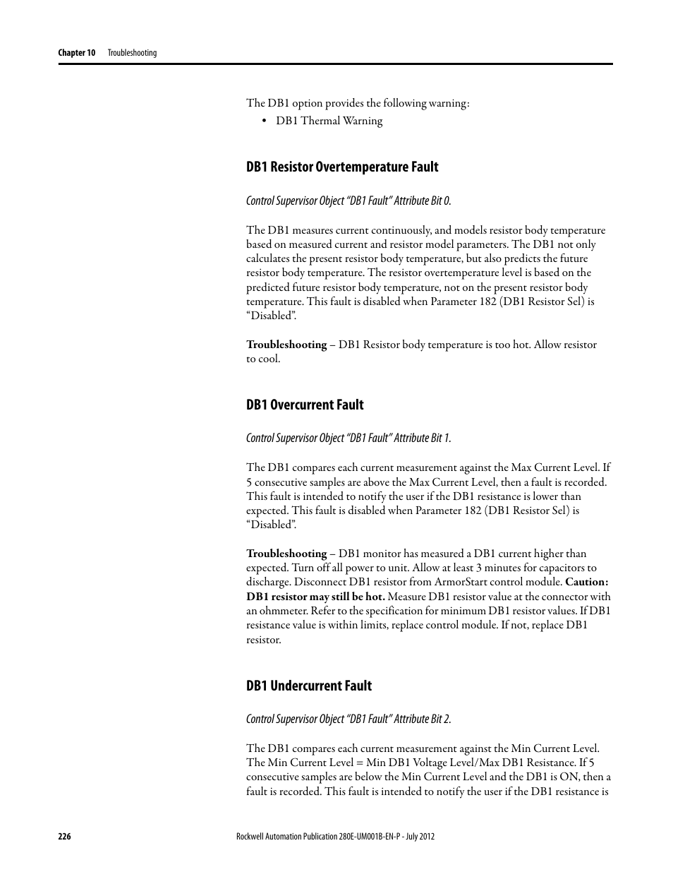 Db1 resistor overtemperature fault, Db1 overcurrent fault, Db1 undercurrent fault | Rockwell Automation 284E ArmorStart with EtherNet/IP - User Manual User Manual | Page 226 / 348