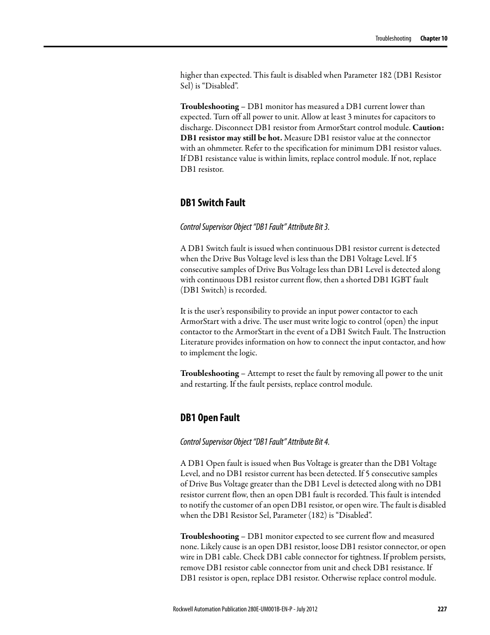 Db1 switch fault, Db1 open fault, Db1 switch fault db1 open fault | Rockwell Automation 284E ArmorStart with EtherNet/IP - User Manual User Manual | Page 227 / 348