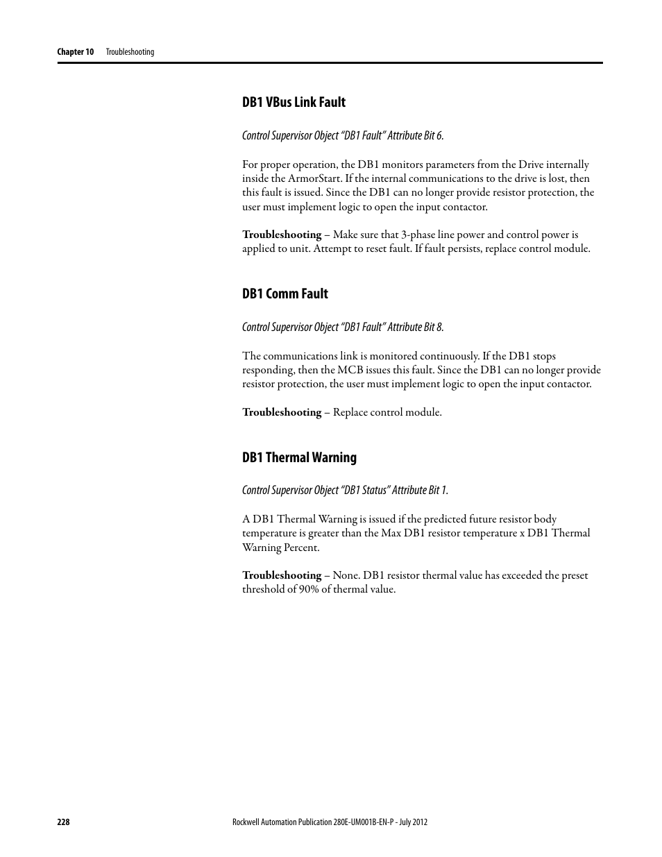 Db1 vbus link fault, Db1 comm fault, Db1 thermal warning | Rockwell Automation 284E ArmorStart with EtherNet/IP - User Manual User Manual | Page 228 / 348