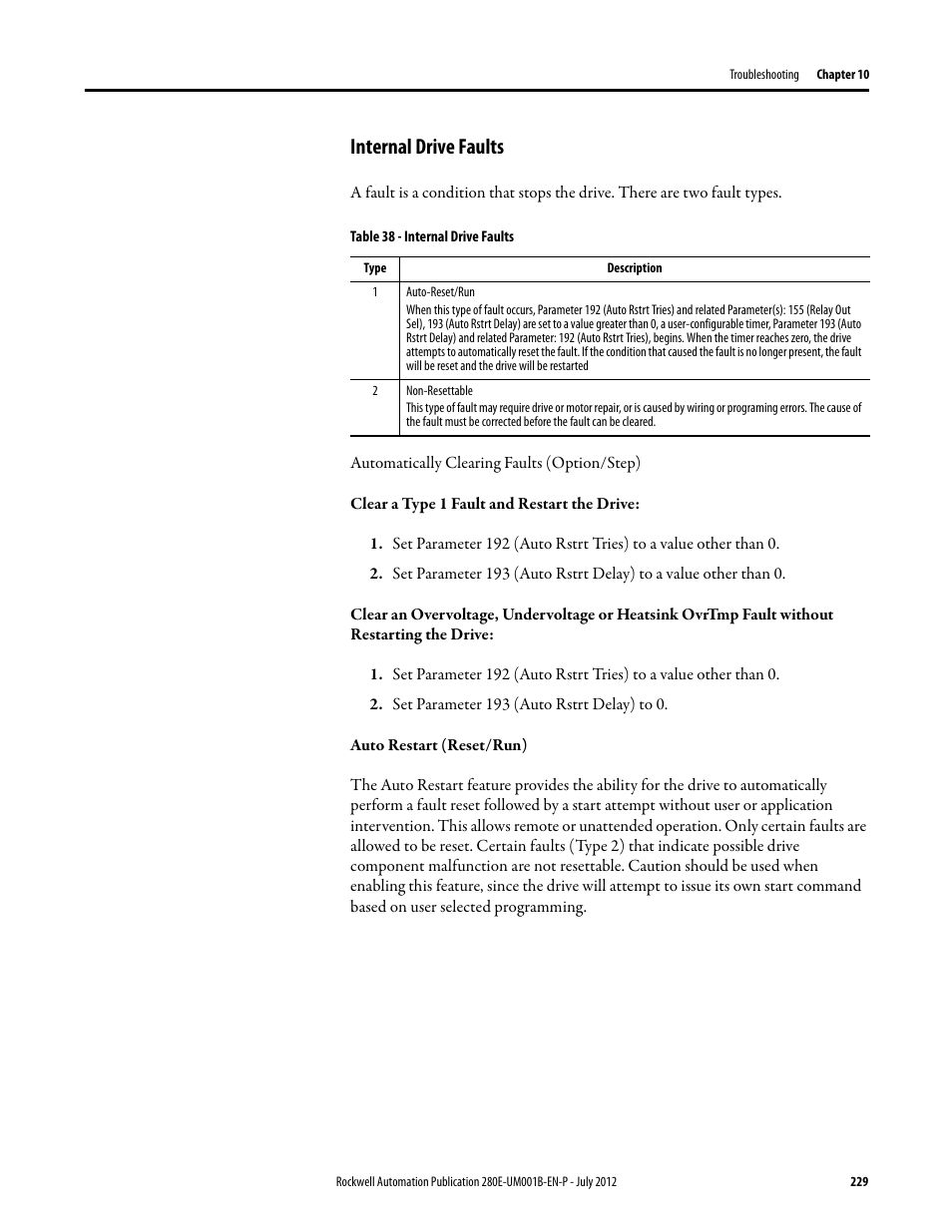 Internal drive faults, Table 38 | Rockwell Automation 284E ArmorStart with EtherNet/IP - User Manual User Manual | Page 229 / 348