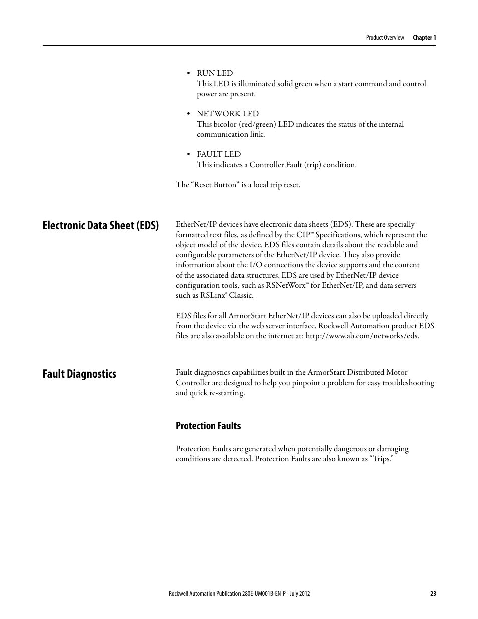 Electronic data sheet (eds), Fault diagnostics, Protection faults | Electronic data sheet (eds) fault diagnostics | Rockwell Automation 284E ArmorStart with EtherNet/IP - User Manual User Manual | Page 23 / 348