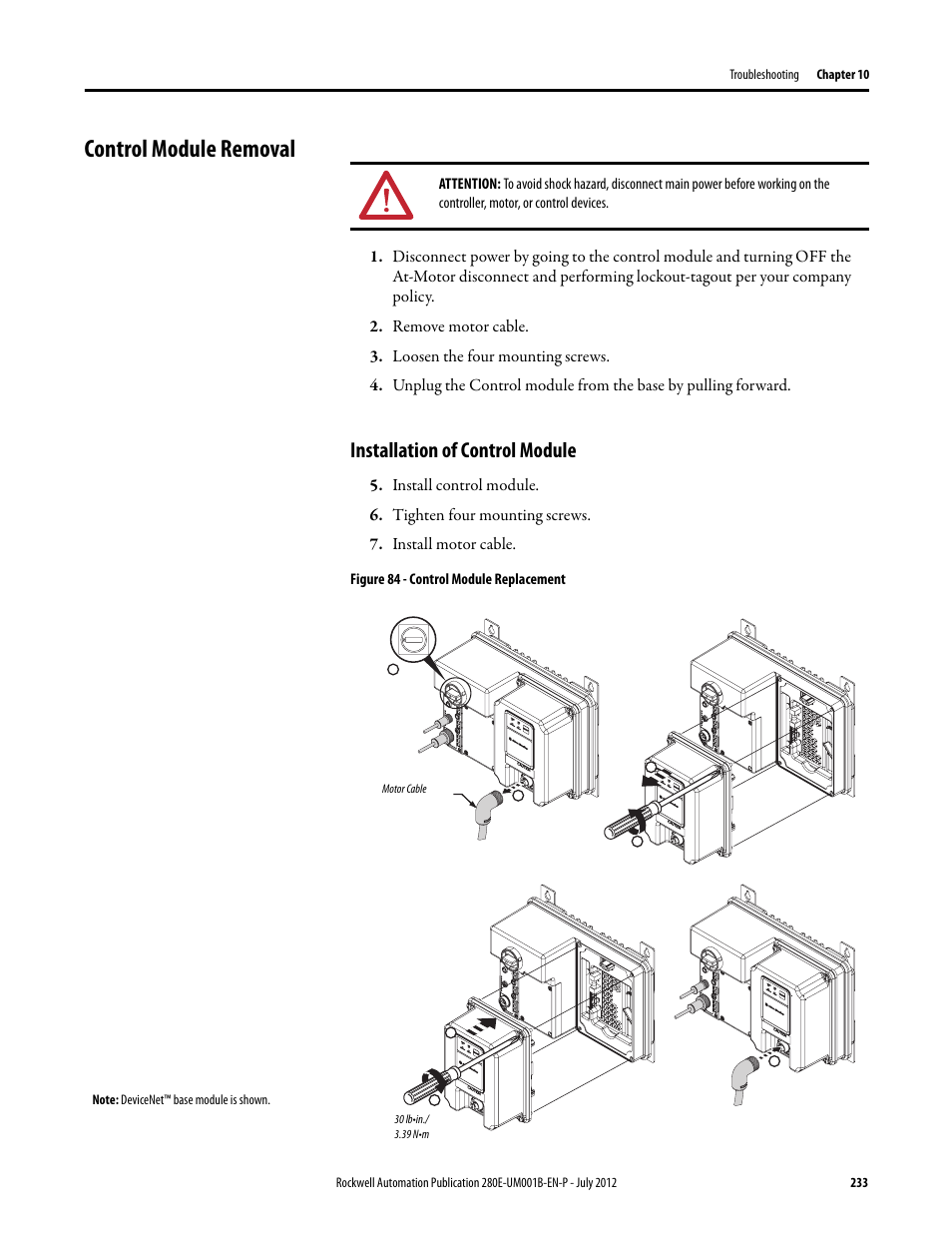 Control module removal, Installation of control module | Rockwell Automation 284E ArmorStart with EtherNet/IP - User Manual User Manual | Page 233 / 348