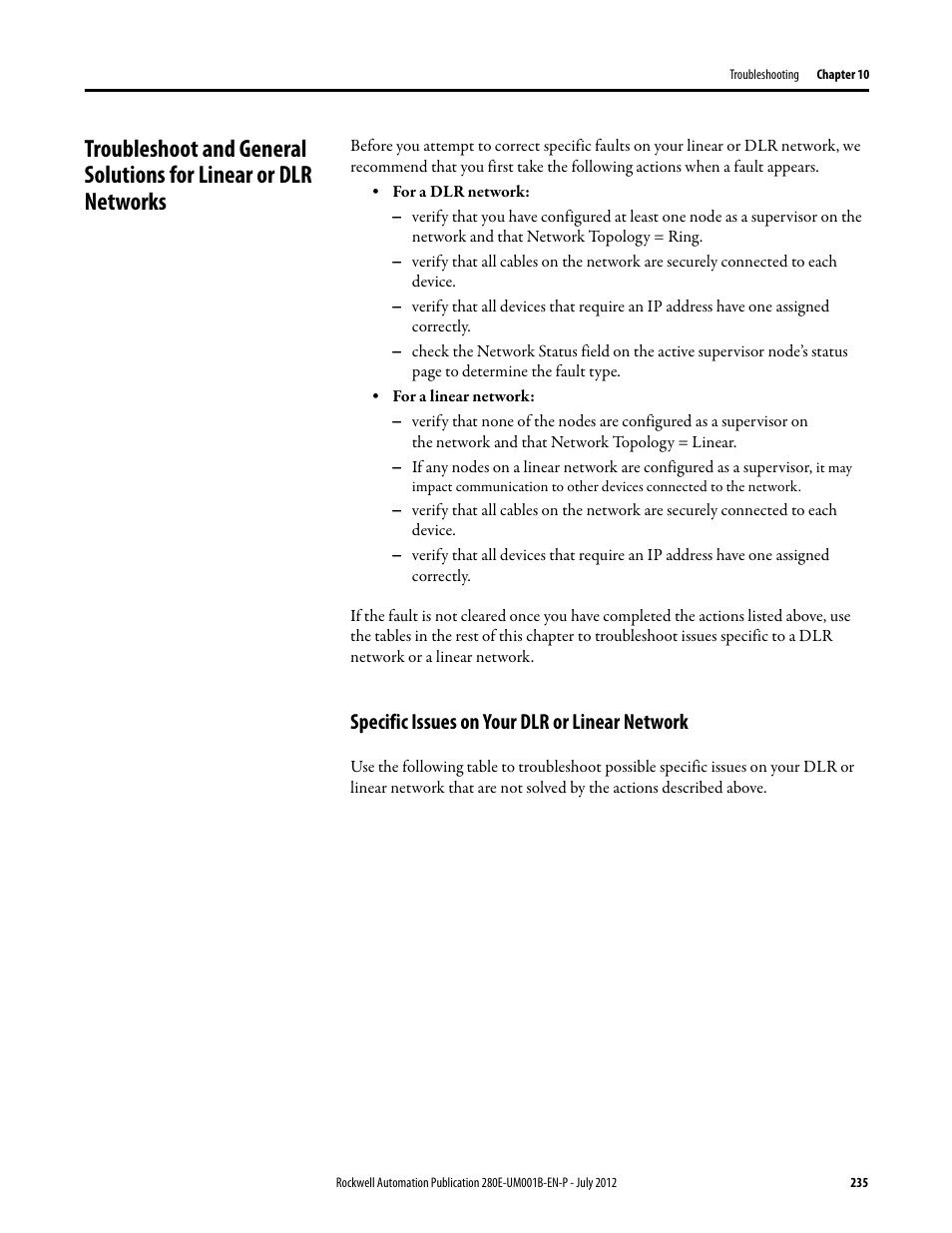 Specific issues on your dlr or linear network | Rockwell Automation 284E ArmorStart with EtherNet/IP - User Manual User Manual | Page 235 / 348