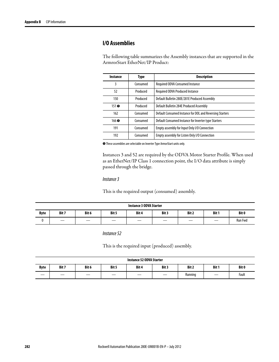 I/o assemblies, Instance 3, Instance 52 | Rockwell Automation 284E ArmorStart with EtherNet/IP - User Manual User Manual | Page 282 / 348