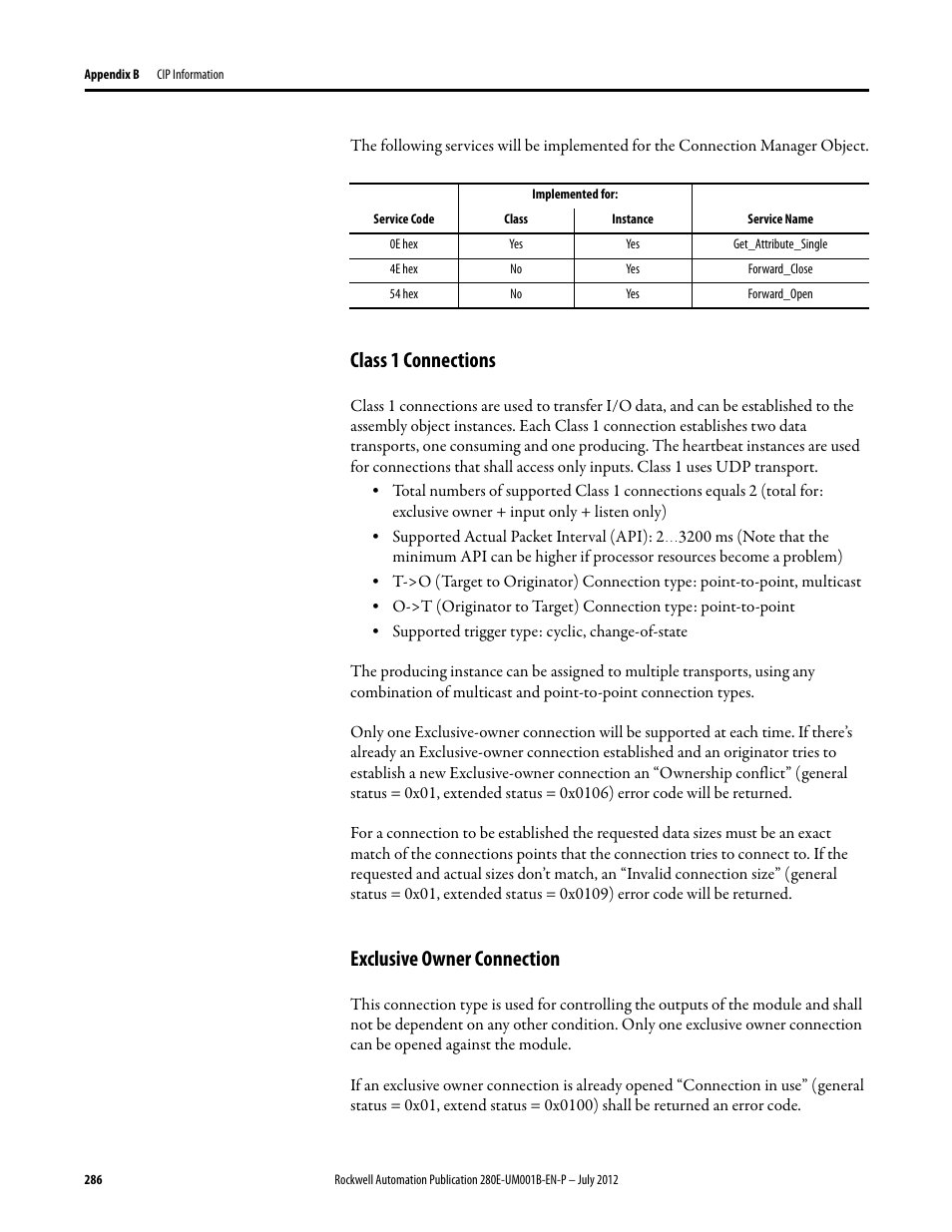 Class 1 connections, Exclusive owner connection | Rockwell Automation 284E ArmorStart with EtherNet/IP - User Manual User Manual | Page 286 / 348