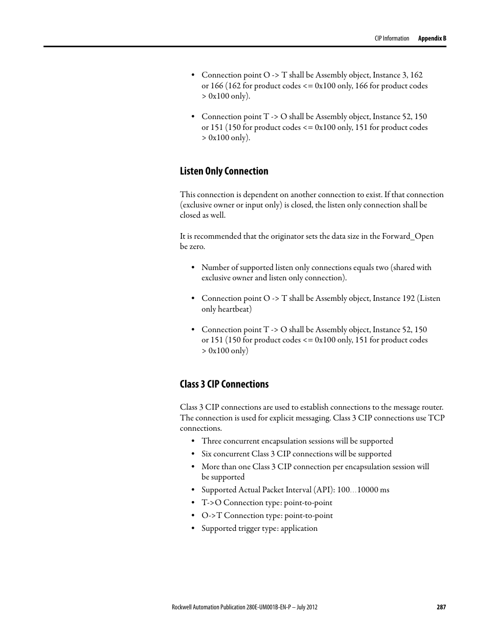 Listen only connection, Class 3 cip connections, Listen only connection class 3 cip connections | Rockwell Automation 284E ArmorStart with EtherNet/IP - User Manual User Manual | Page 287 / 348