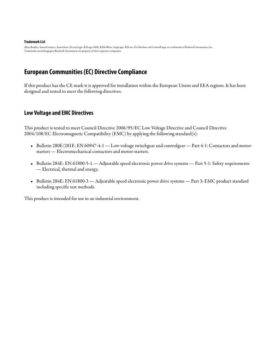 European communities (ec) directive compliance, Low voltage and emc directives | Rockwell Automation 284E ArmorStart with EtherNet/IP - User Manual User Manual | Page 3 / 348