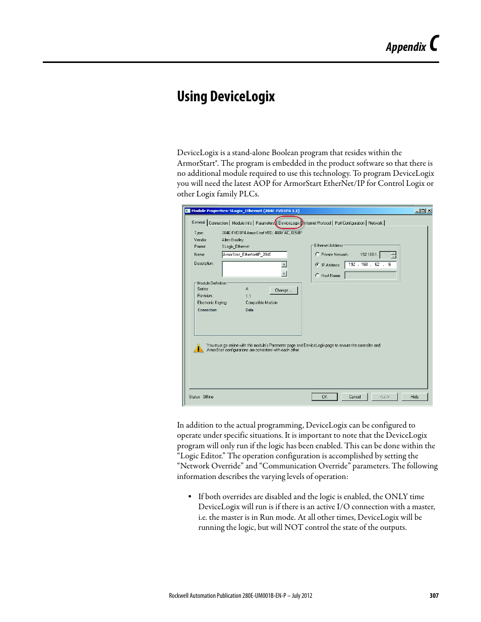 Appendix c, Using devicelogix | Rockwell Automation 284E ArmorStart with EtherNet/IP - User Manual User Manual | Page 307 / 348