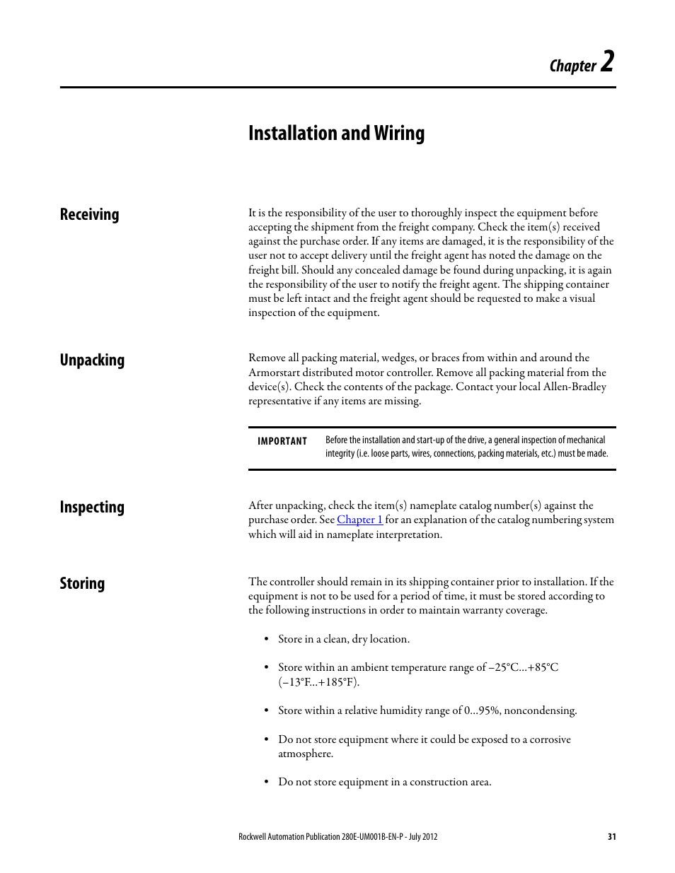 Chapter 2, Installation and wiring, Receiving | Unpacking, Inspecting, Storing, Receiving unpacking inspecting storing, Chapter | Rockwell Automation 284E ArmorStart with EtherNet/IP - User Manual User Manual | Page 31 / 348