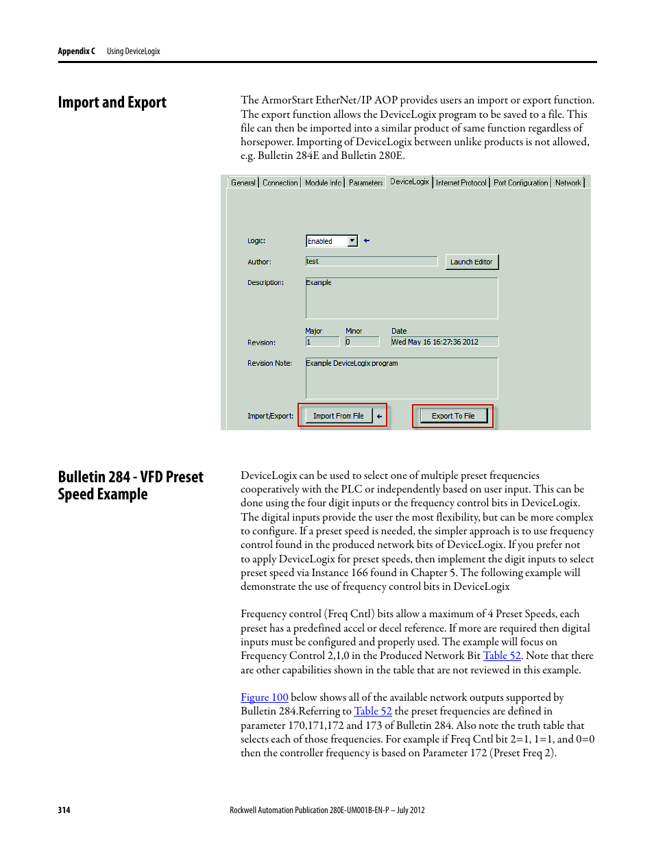 Import and export, Bulletin 284 - vfd preset speed example | Rockwell Automation 284E ArmorStart with EtherNet/IP - User Manual User Manual | Page 314 / 348