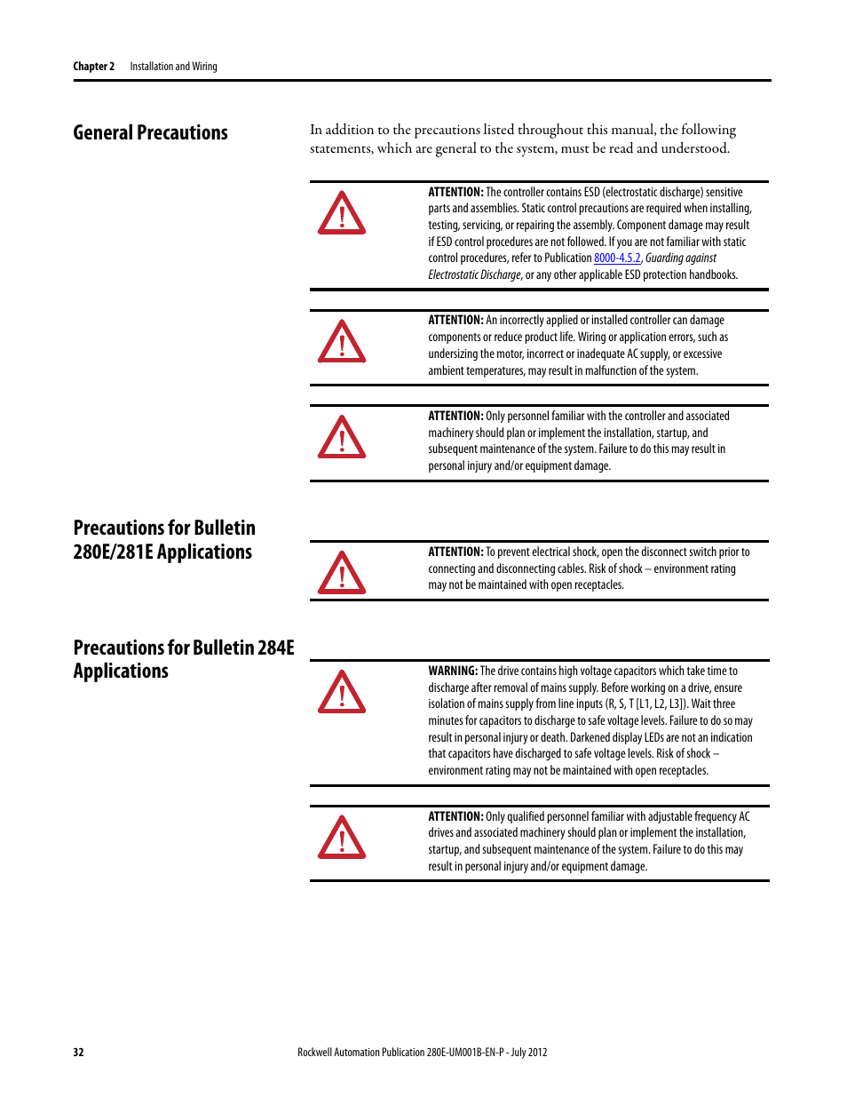 General precautions, Precautions for bulletin 280e/281e applications, Precautions for bulletin 284e applications | Rockwell Automation 284E ArmorStart with EtherNet/IP - User Manual User Manual | Page 32 / 348