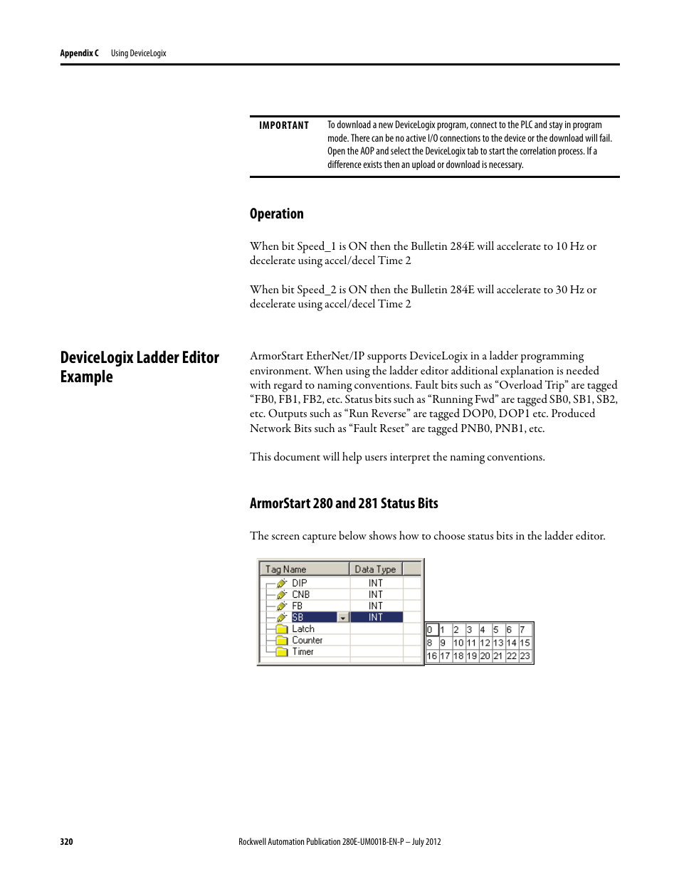 Operation, Devicelogix ladder editor example, Armorstart 280 and 281 status bits | Rockwell Automation 284E ArmorStart with EtherNet/IP - User Manual User Manual | Page 320 / 348