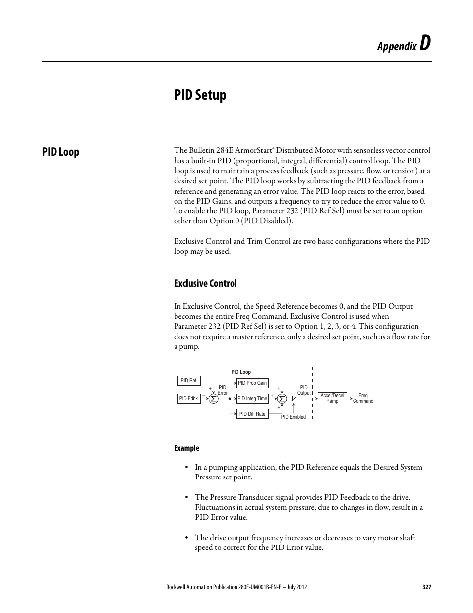 Appendix d, Pid setup, Pid loop | Exclusive control, Appendix | Rockwell Automation 284E ArmorStart with EtherNet/IP - User Manual User Manual | Page 327 / 348