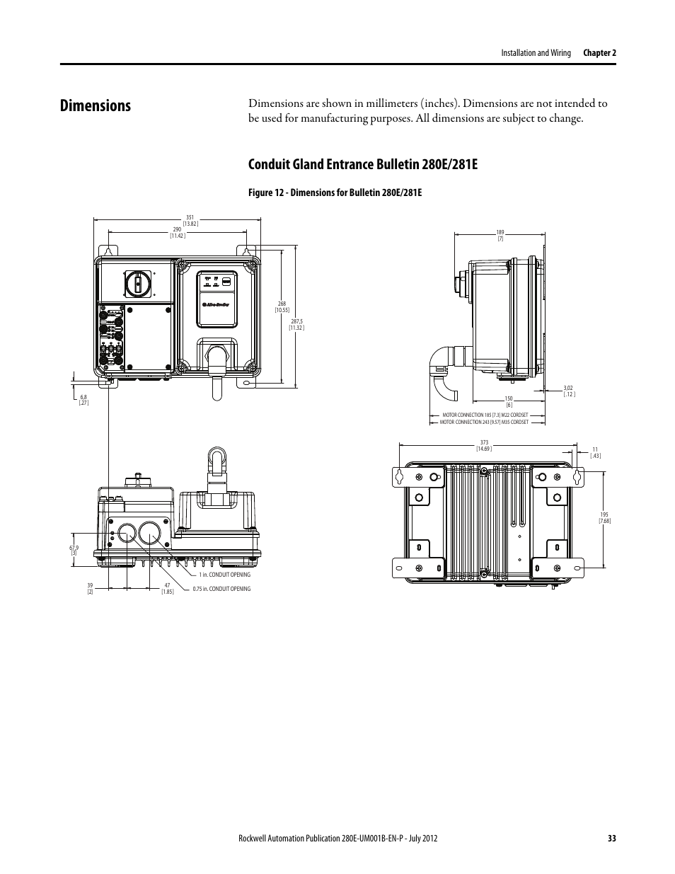 Dimensions, Conduit gland entrance bulletin 280e/281e | Rockwell Automation 284E ArmorStart with EtherNet/IP - User Manual User Manual | Page 33 / 348