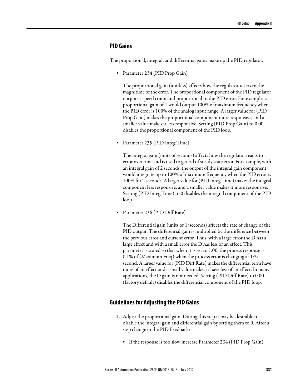 Pid gains, Guidelines for adjusting the pid gains, Pid gains guidelines for adjusting the pid gains | Rockwell Automation 284E ArmorStart with EtherNet/IP - User Manual User Manual | Page 331 / 348