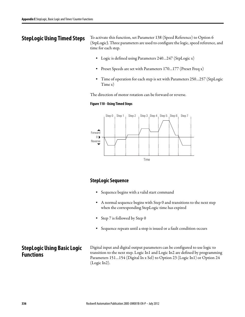Steplogic using timed steps, Steplogic sequence, Steplogic using basic logic functions | Rockwell Automation 284E ArmorStart with EtherNet/IP - User Manual User Manual | Page 336 / 348