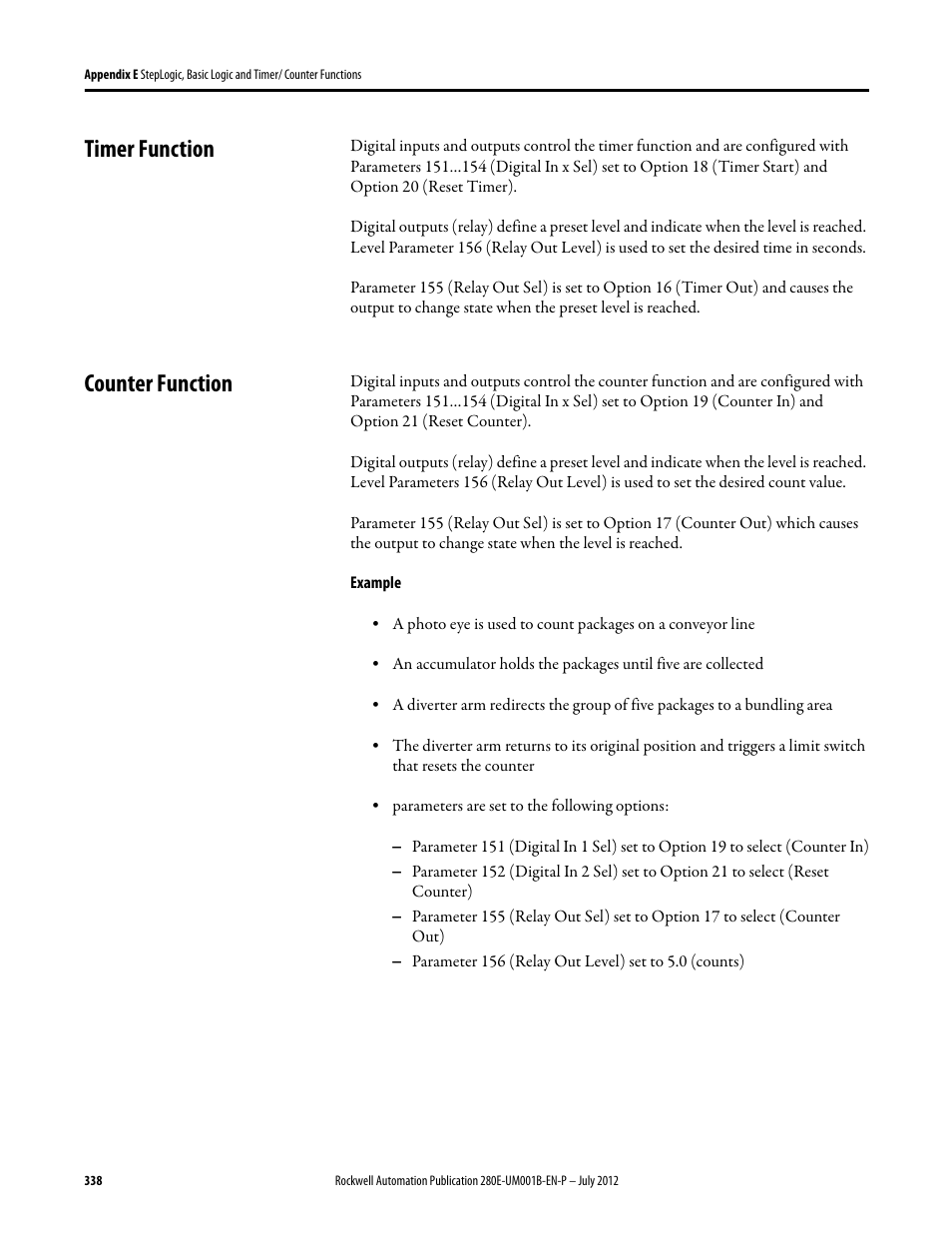 Timer function, Counter function, Timer function counter function | Rockwell Automation 284E ArmorStart with EtherNet/IP - User Manual User Manual | Page 338 / 348